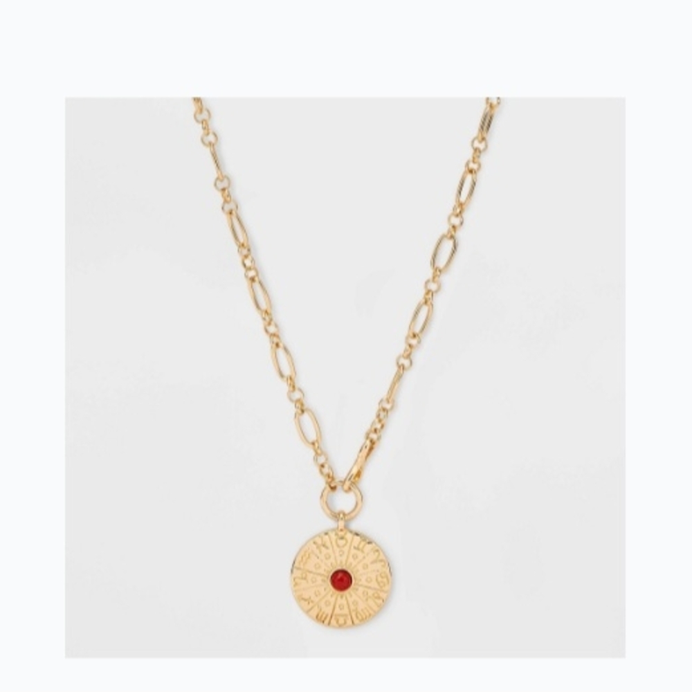 Gold Pendant Necklace with Red Accent
